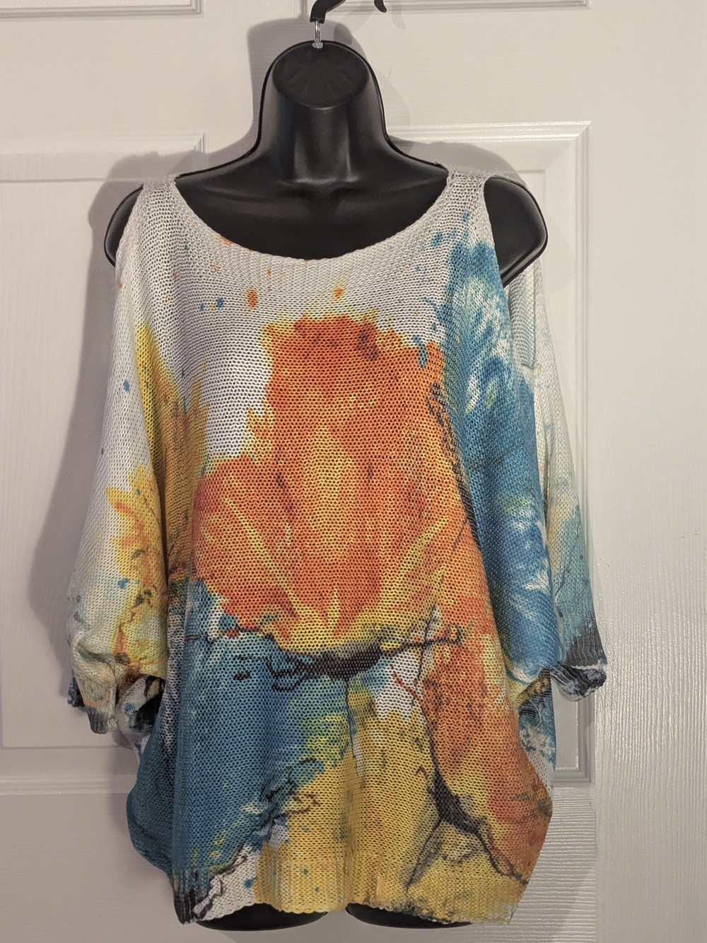Luisa Ricci Abstract Floral Open Knit Cold Shoulder Sweater L NWT